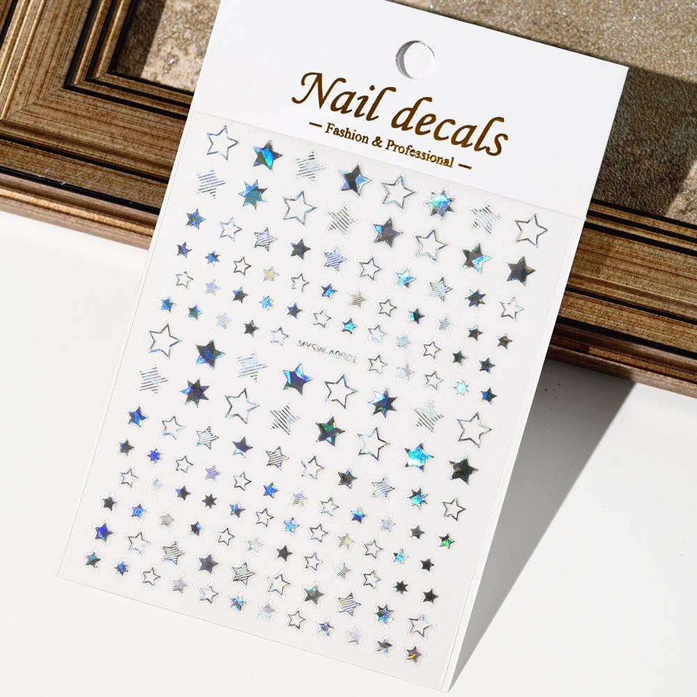 Black White Star 3D Nail Art Sticker Y2K Pentagram Self-Adhesive Decals Laser Shiny Glitters Starlight Manicure Ornaments Slider