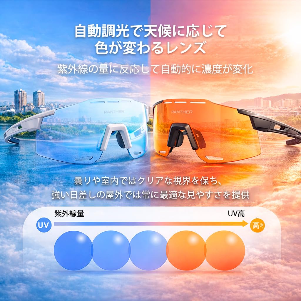 Panther Sports Cycling Polarized Photochromic Lightweight UV Inner Road [PANTHER] Sunglasses, Sunglasses, Sunglasses, Lenses, 30g, Protection,