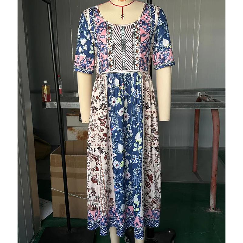 Sommer Böhmisch Bedrucktes Übergröße Damenkleid Mode Rundhals Kurzarm Lässige Lange Kleider Damen Elegant A-Linie Urlaubs Strandkleid 26653