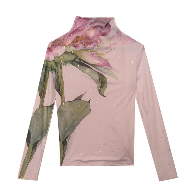 Women's Autumn 2023 Mesh High Neck Printed Long Sleeve Top