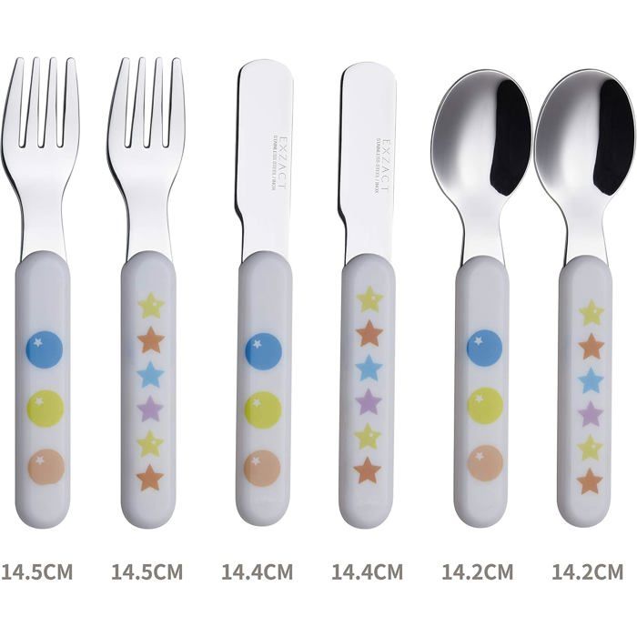 Couverts pour enfants - exzact - 6 pièces - inox 18/10 - poignées en plastique - motifs étoiles et points