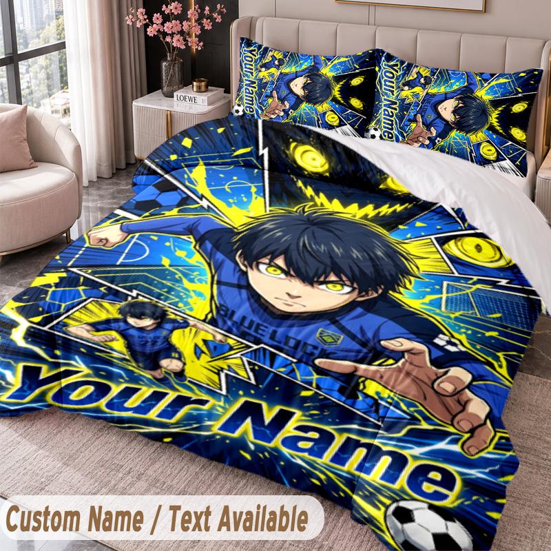Custom Name Text 3Pcs Bedding Set Blue Lock Duvet Cover And Two Pillowcases