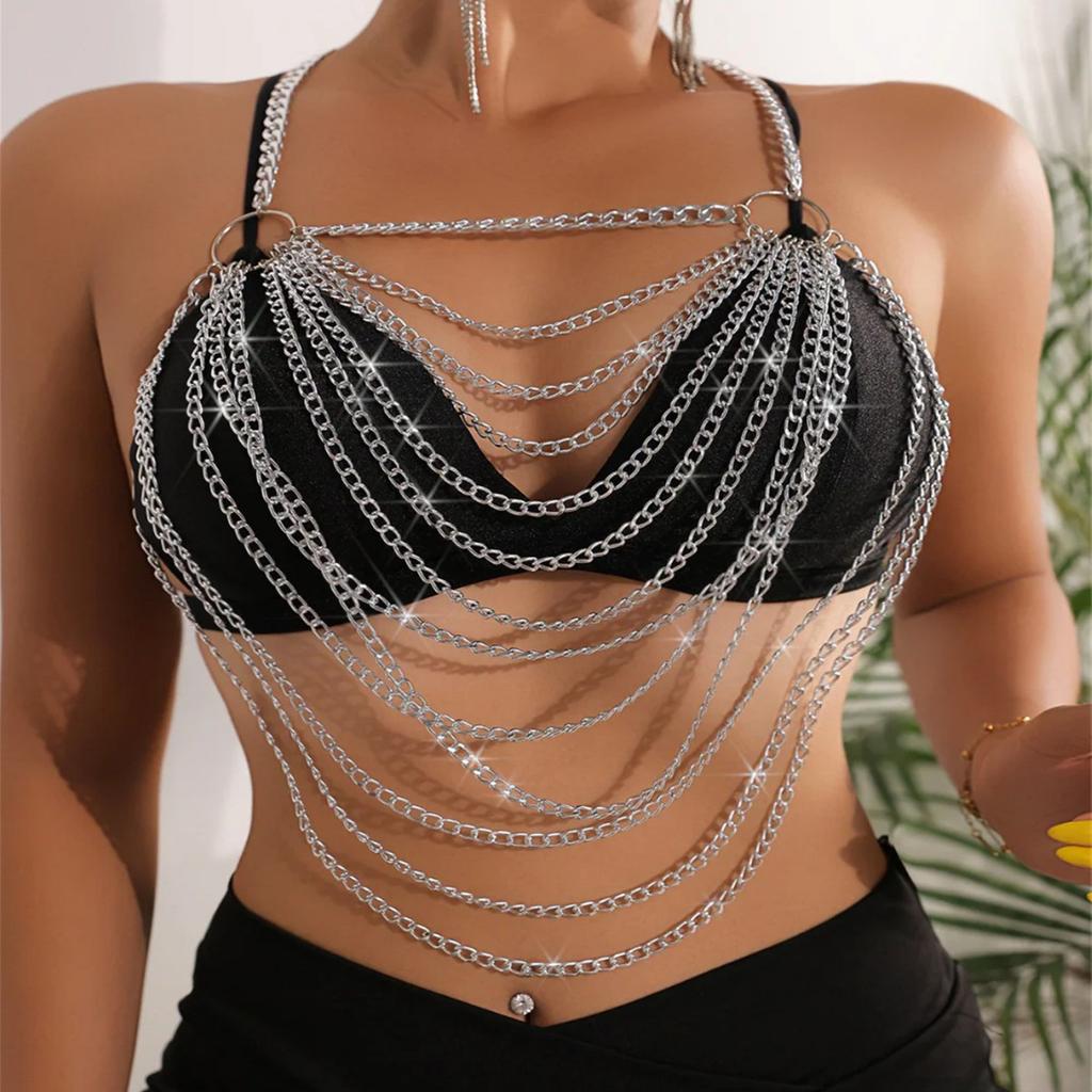 European And American Jewelry Versatile Sequins Handmade Body Wear Jewelry Chain Sexy Star Fringed Mesh Diamond Chest Chain Vest