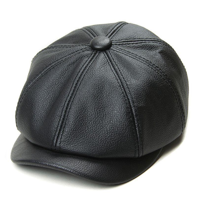 100% Real Leather Newsboy Cap & Beret, British Style Peaked Octagon Hat for Men and Women Unisex