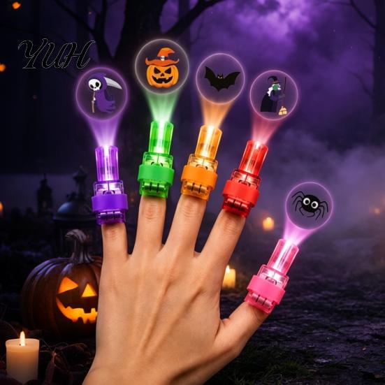 Plastic Projection Flashlight Halloween Finger Projector Light with Pumpkin Ghost Bat Patterns, Glowing Ring Toy for Kids, Spooky Party Prop LED Lamp