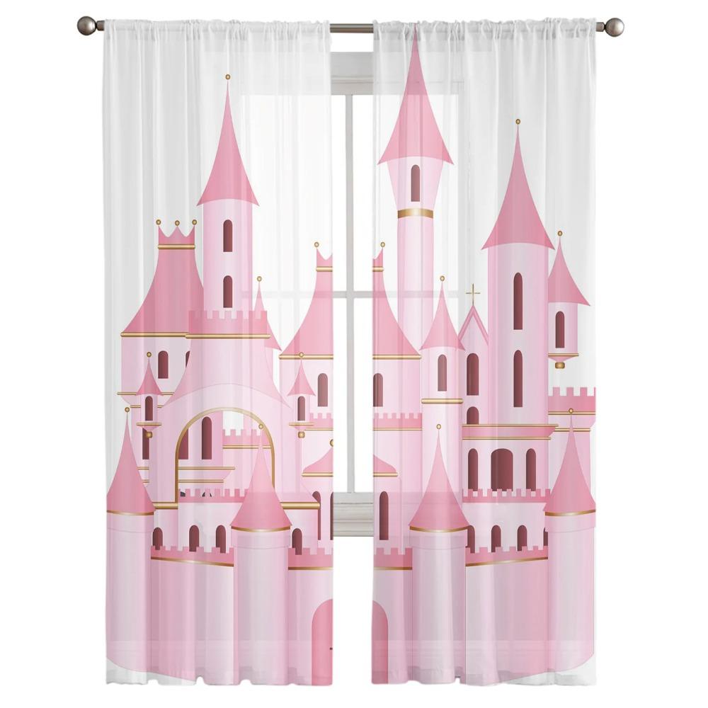 Perdele pentru fereastră transparentă din tul alb castel cu desene animate roz pentru sufragerie dormitor Perdele moderne din voile din tul draperii decorare