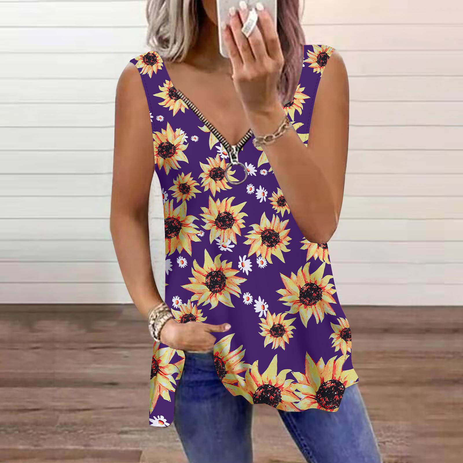 

Женский топ, летний, повседневный, с принтом подсолнухов, большого размера, без рукавов, на молнии, с V-образным вырезом, майка XL фиолетовый
