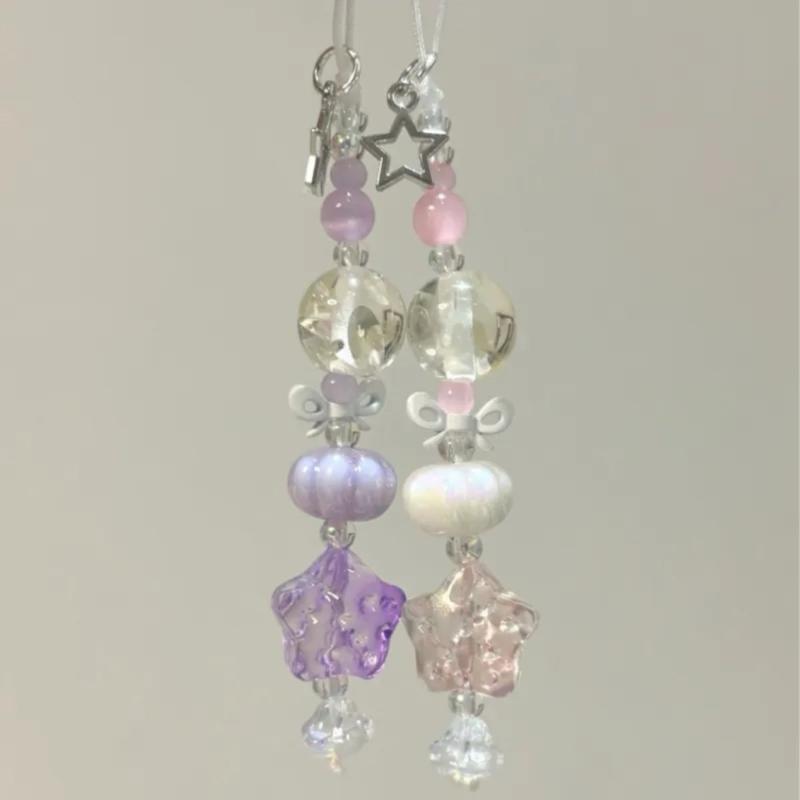 Sweet Clear Star Bead Charm Pendant Chain Phone Strap Pocket Keychain Strap Hangings Decoration for Key Bag Purse
