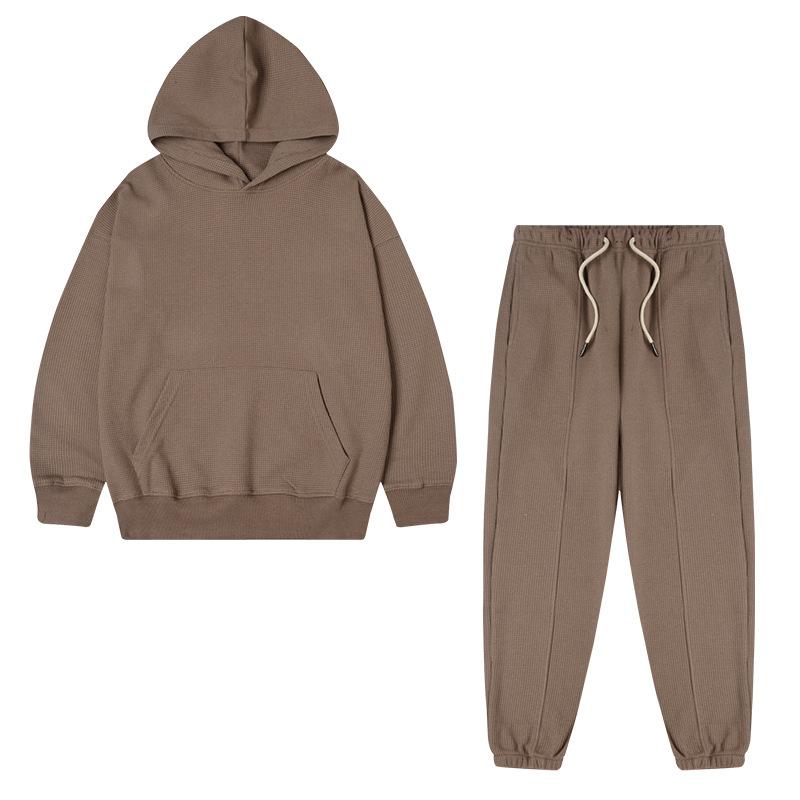 Kinder Hoodie Set 320G Waffelstrick Dick Einfarbig Jungen Mädchen Freizeit Sportbekleidung Zweiteiliges Outfit
