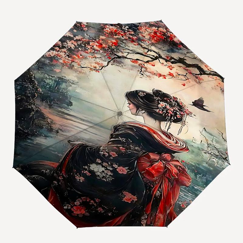 

1pc cherry blossoms kimono umbrella with 8 iron ribs and a plastic handle, automatic opening and closing, and daily use.1049