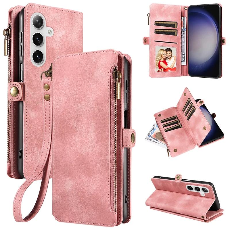 Flip Zipper Wallet Cards Solt Leather Case for Samsung Galaxy S25 Ultra S24 Plus S23 S22 A55 A15 A35 A34 A54 Phone Bags Cover