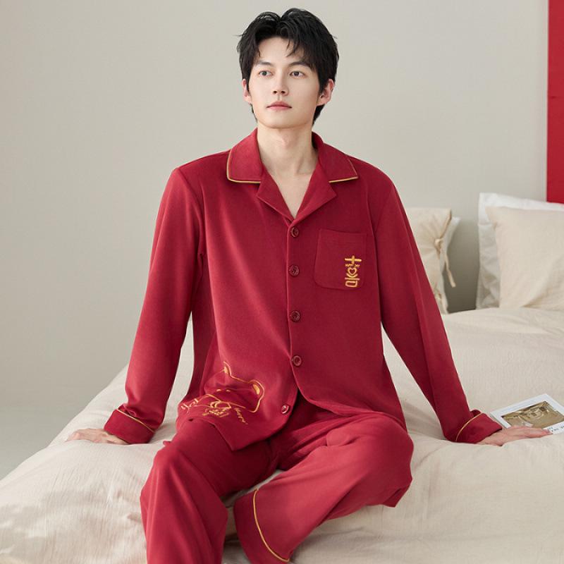 Festive Bright Red Velvet Winter Pajamas Set for Couples: Benming Year Wedding Edition