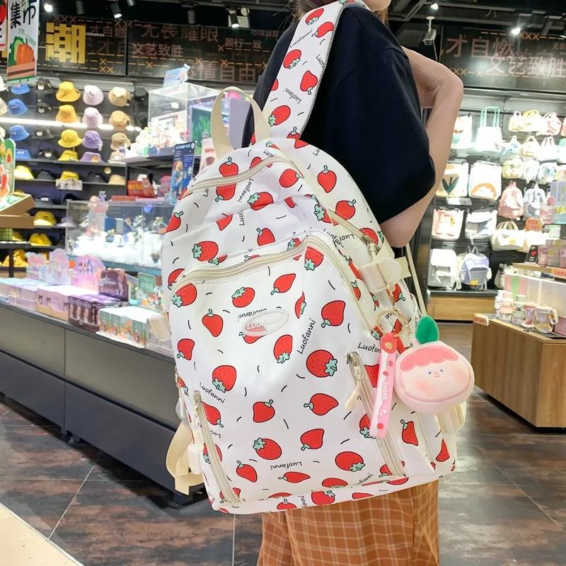 Cute Strawberry Print Girls' Schoolbag with Wide Shoulder Straps Spine Protection Lightweight Campus Backpack