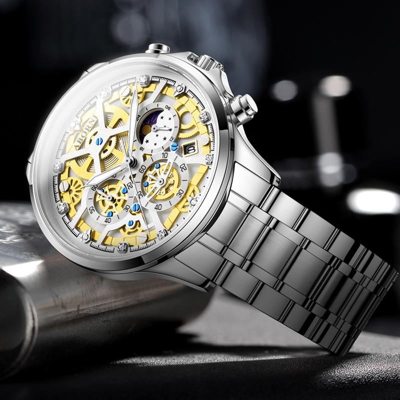 ABORNI Brand Fashion Moon Phase Quartz Watch for Men Luxury Chronograph Watches Mens Stainless Steel Waterproof Luminous Watches