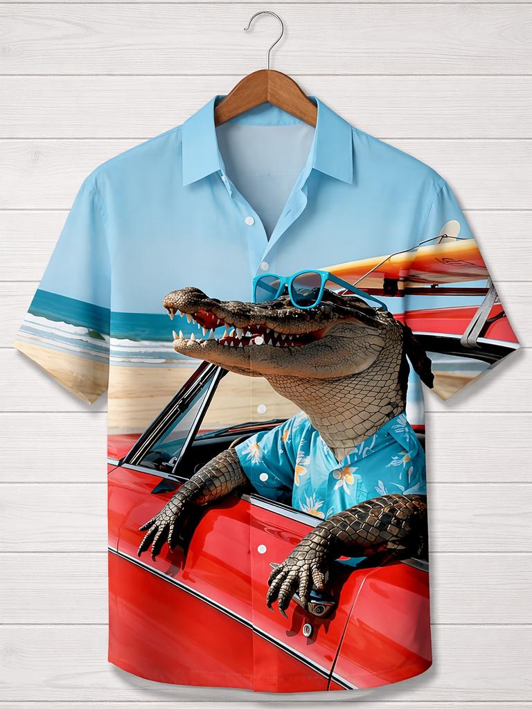 Men'S Short Sleeve Shirt with 3D Crocodile Print Pattern, Fun Casual Resort Top, Breathable Summer Shirt with Vibrant Animal Designs, Lightweight