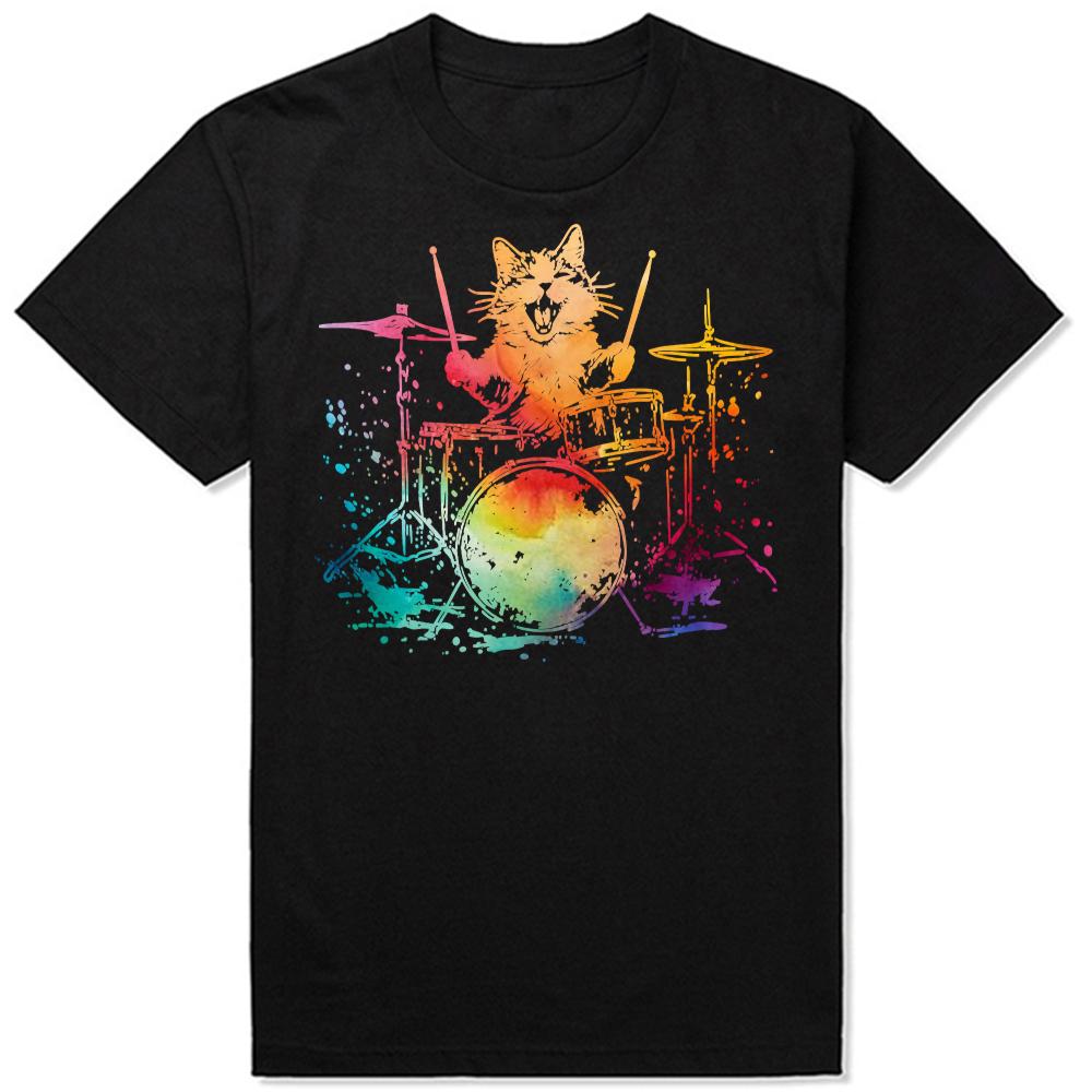 Funny Cat Drummer Drums Drumming Music Lover Tshirts Men Womens Fashion Casual Tshirt 100 Cotton Loose Oversized T Shirt