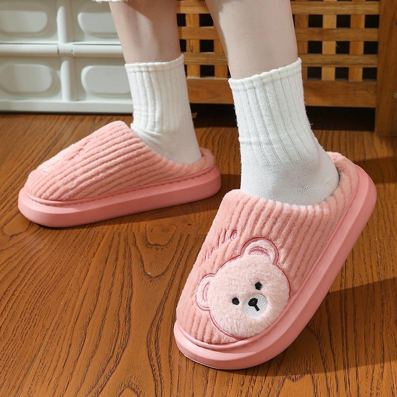 Thick-bottomed cotton slippers New cartoon bear plush cotton drag couple autumn and winter home hair slippers women