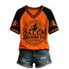 Women's V-Neck Short Sleeve T-Shirt with Halloween Print and Raglan Sleeve, Casual Fit