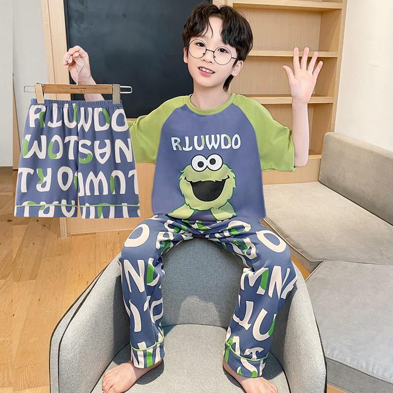 100% Cotton Boys Pajama Set Short Sleeve Long Pants Cartoon Print Comfortable Sleepwear Kids