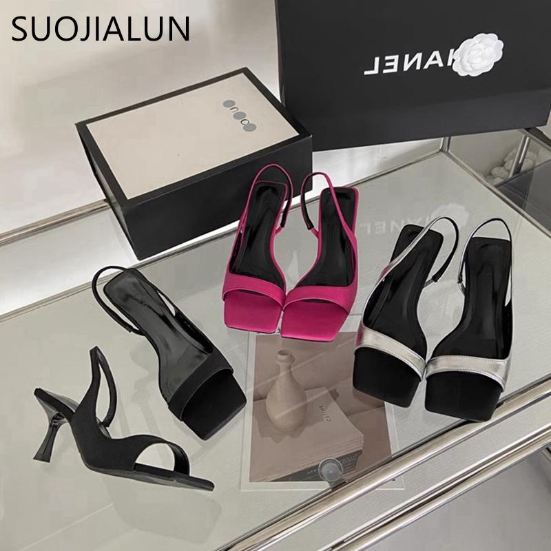 Fashion SUOJIALUN 2024 Summer New Brand Women Sandal Fashion Square Toe Shallow Ladies Elegant Slides Thin High Heel Outdoor Dress Pumps