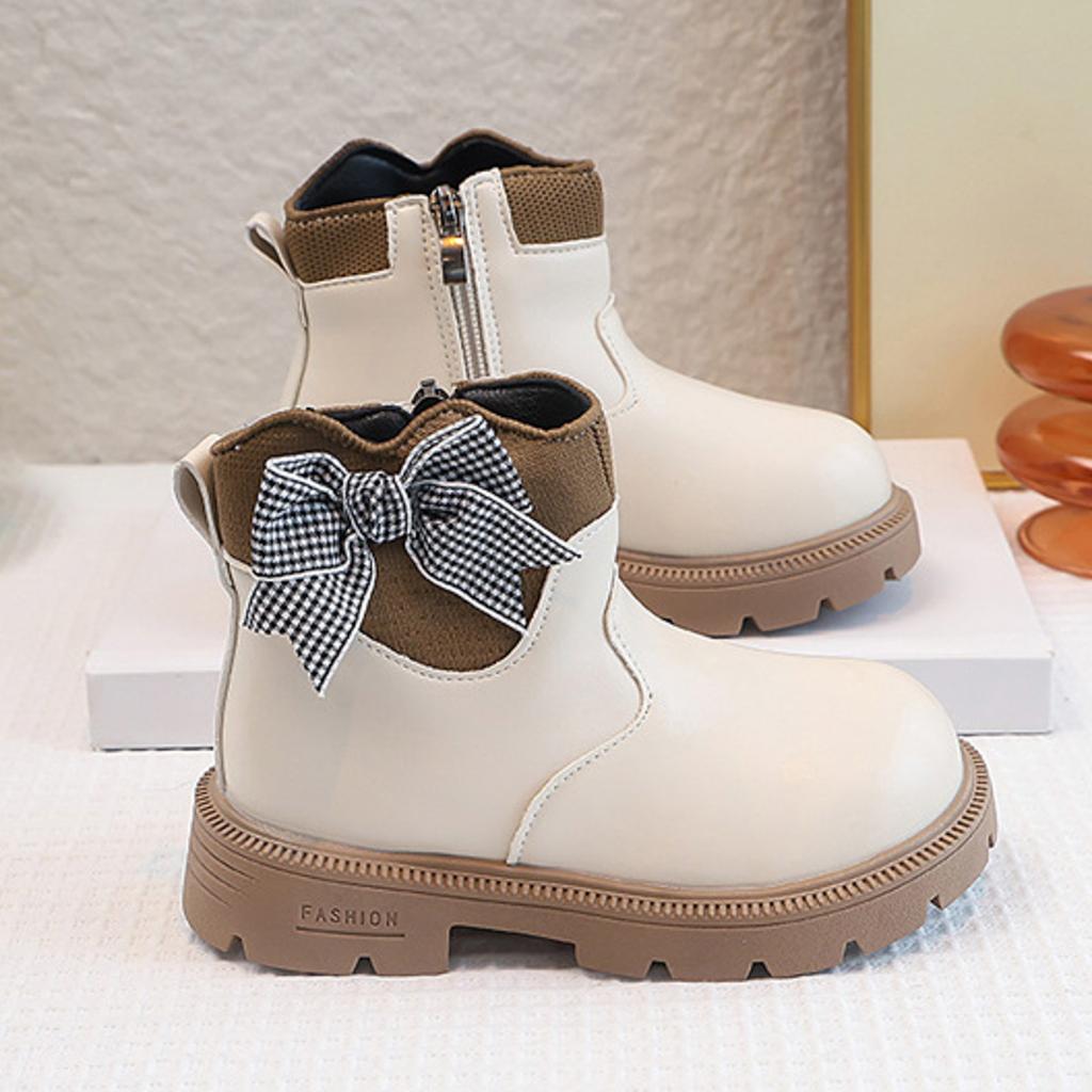 Kids Princess Boots Girls High Top Side Zipper Plaid Tie Bow Autumn Winter Boots Children Soft Bottom Anti-Slip PU Leather Shoes