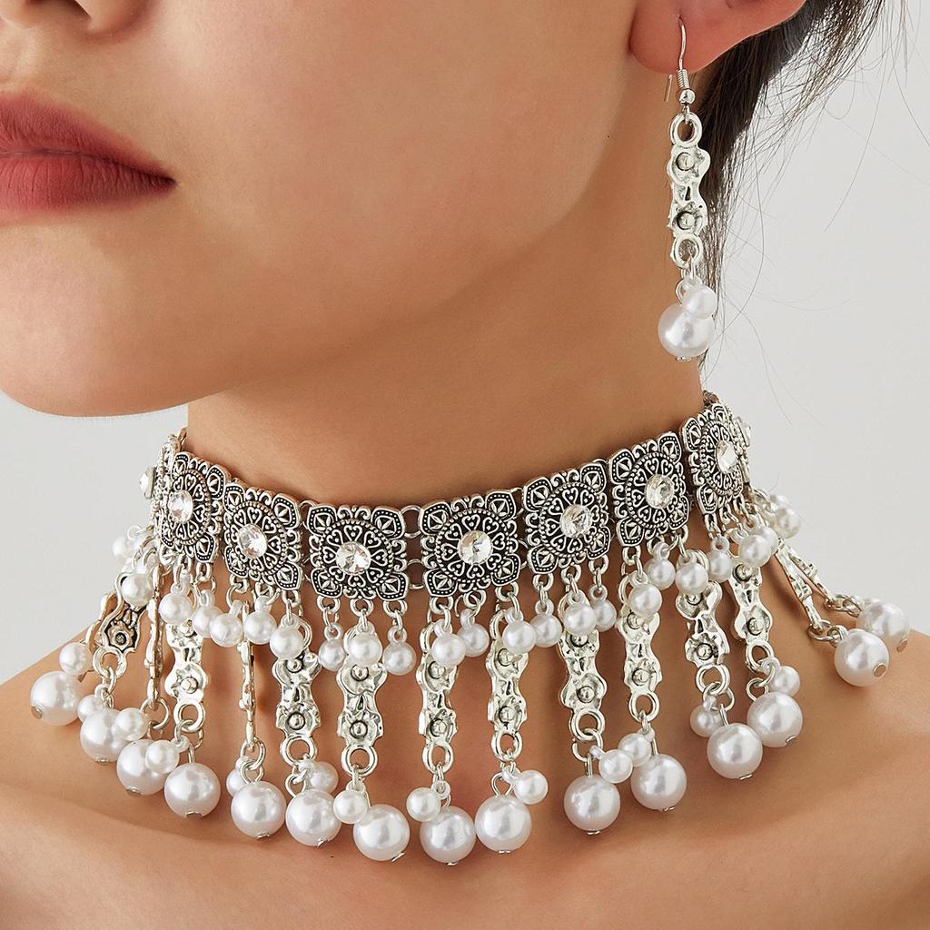 Bohemian Pearl Tassel Necklace & Earring Set in Ethnic Southeast Asian Style