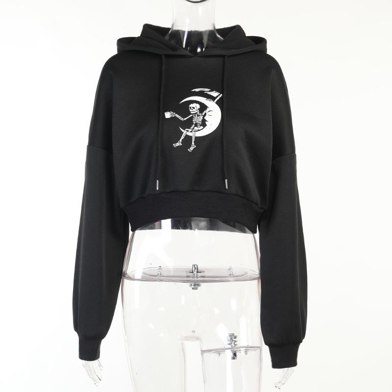 

Готический укороченный топ Лолита, темные толстовки с принтом черепа, короткий свитер с капюшоном и длинными рукавами, осенне-зимний укороченный топ L чёрный