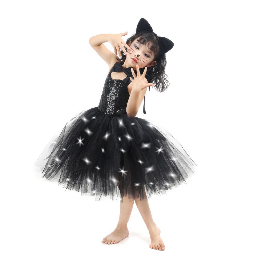 Vestito LED Gatto Nero Principessa Lampeggiante, Compleanno Halloween Cosplay Ragazze Vestito in Rete Nero