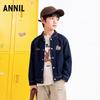 Annil Boys' Fall Embroidered Dark Blue Stand Collar Denim Jacket
