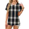 Damen Casual Mode Rundhals Kariert Bedruckt Plissiert Kurzarm T-Shirt Top