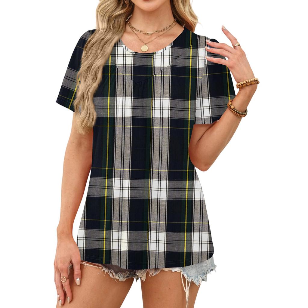 Damen Casual Mode Rundhals Kariert Bedruckt Plissiert Kurzarm T-Shirt Top