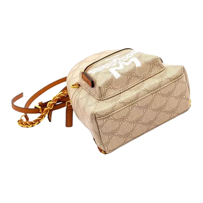 MCM Stark Lauretos Monogram Coated Canvas And Leather Mini Backpack Women Backpack Beige MMKESVE03I9001