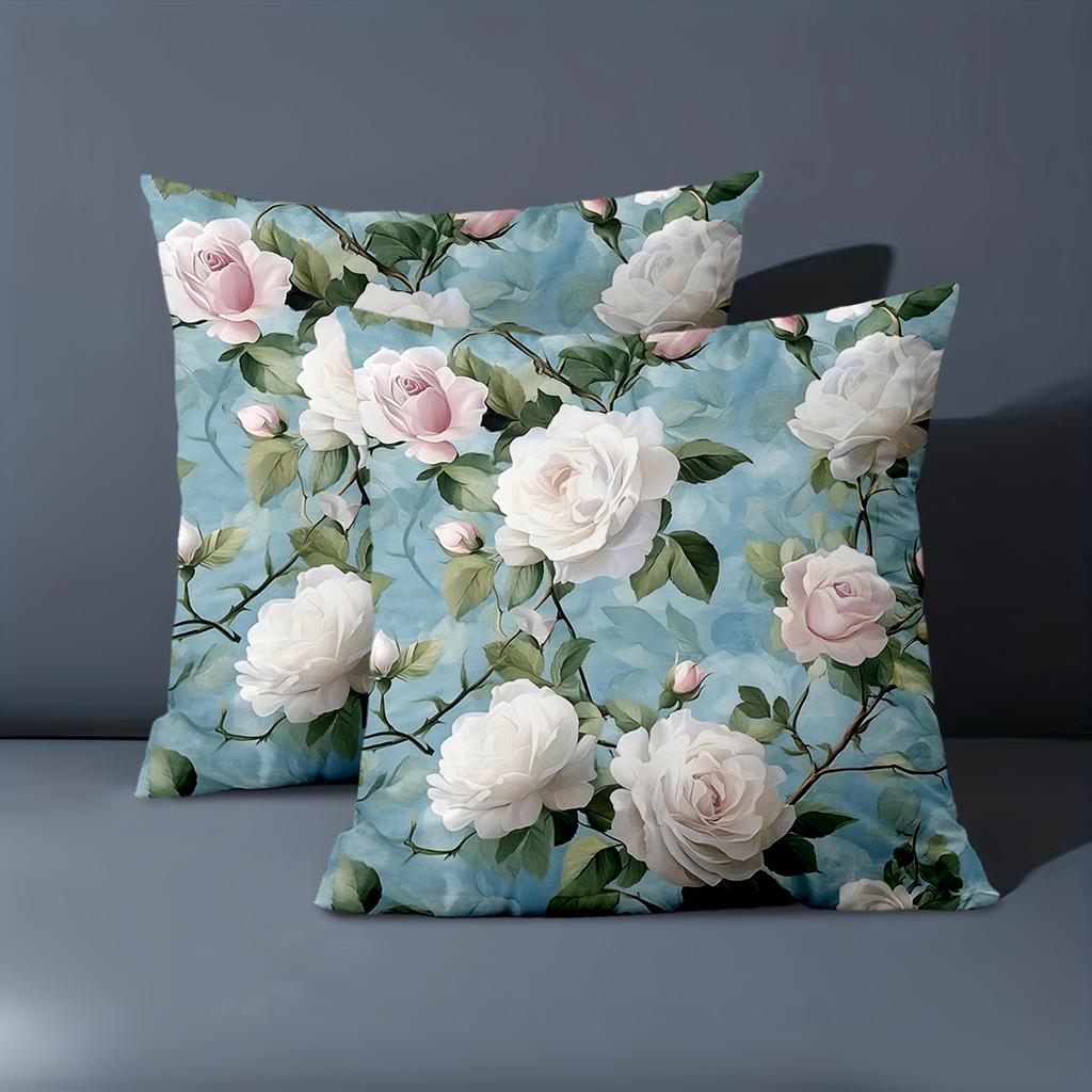 1 pieces -2D flat printing Blue Floral Rose Patterned Decorative Throw Pillows Polyester pillowcase, sofa decorative cushion cov