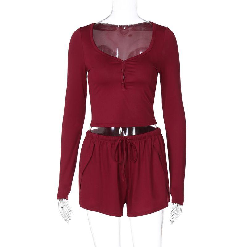 

Shemoda Fashion Style Everyday Joker Button Half-Open Collar Long Sleeves Tops Elastic Drawstring Shorts Two-piece Set Pack Burgundy S