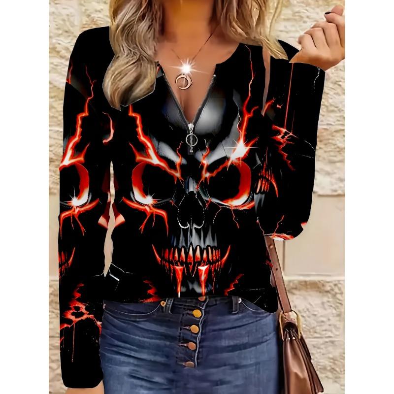 Elegant And Casual Style Featuring a Skull Element Print Pattern, Marked for Women'S Round Neck Zip-Up Long Sleeves