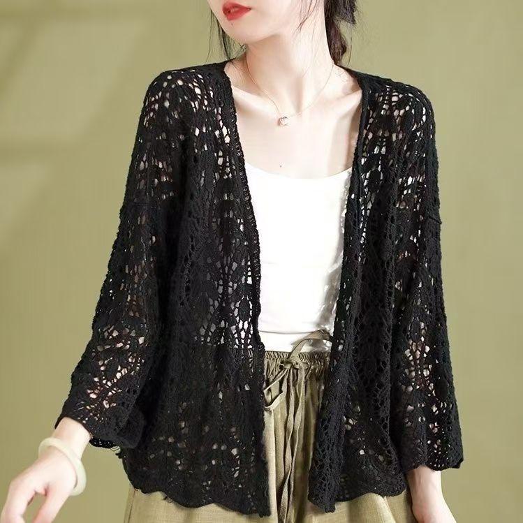 Frühling Sommer Damen Dünn Lochstrick Cardigan Koreanische Mode Oberteil Kurz Locker Klimaanlage Sonnenschutz Hemd Grace