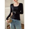 Women Square Neck Long Sleeve Slim Fitted Solid Color T Shirt Casual Basic Top