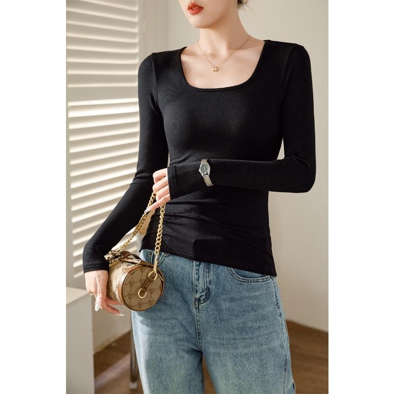 Women Square Neck Long Sleeve Slim Fitted Solid Color T Shirt Casual Basic Top
