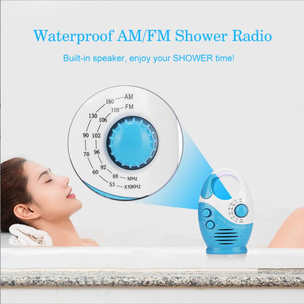 Portable Waterproof AM/FM Radio with Shower Speaker, Compact Design, Built-in Speaker, Battery-powered