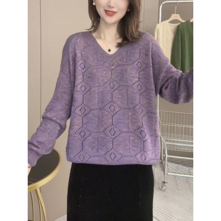 Women's Hollow V-neck Long Sleeve Knitted TopSpring Women's Fashionable and Versatile Style Small Shirt