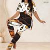 Women Plus Size White Halloween Printed Two Piece Set Round Neck Short Sleeve Longline Top And Long Pants