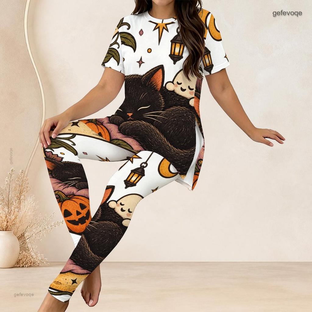 Women Plus Size White Halloween Printed Two Piece Set Round Neck Short Sleeve Longline Top And Long Pants