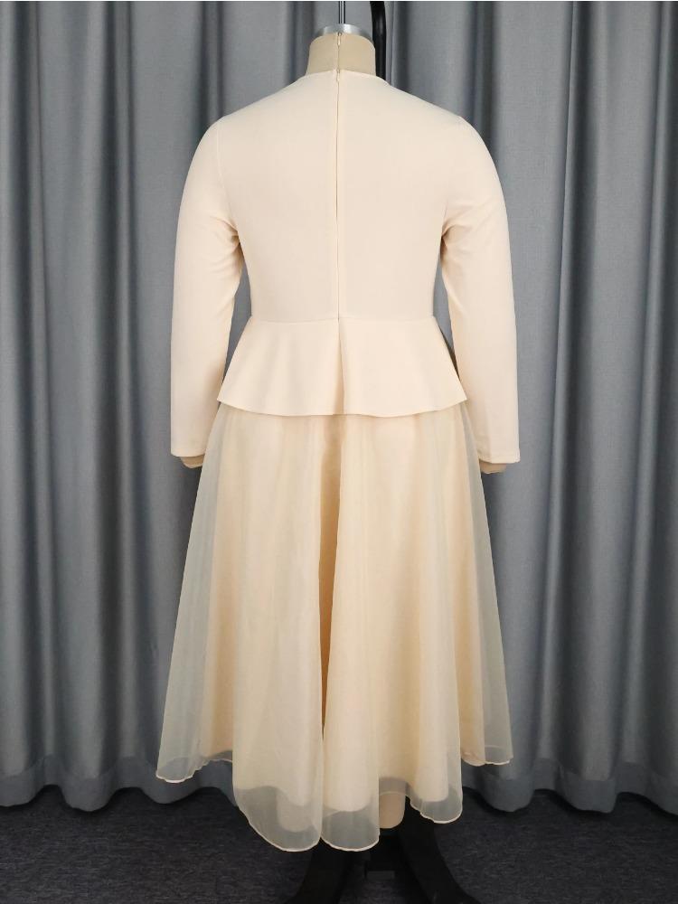 Elegant Women A Line Dress V Neck Long Sleeve 3D Flower Peplum Patchwork Mesh Wedding Guest Church Party Outfit Autumn New