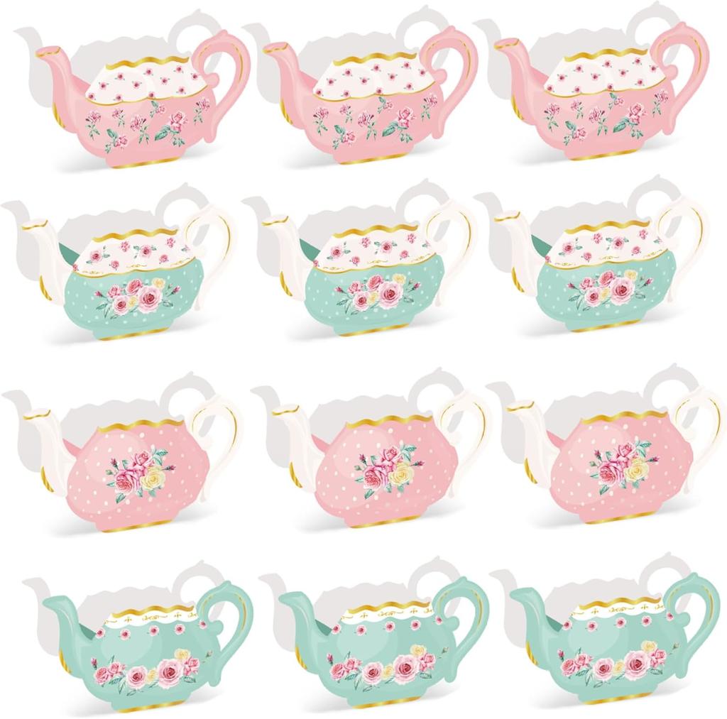 Tea Party Table Decorations Paper Teapot Vase 4-Design DIY Mother’s Day Ornaments Pink + Green 12PCS