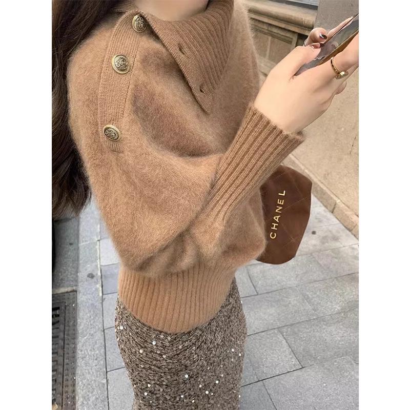 Hochwertiger eleganter Mohair-Rollkragenpullover - Damen Winter Langarm Strickware