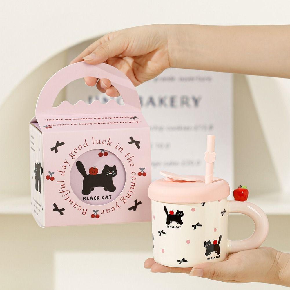 Cute Cat Pattern Cute Drinking Cup with Straw Cartoon Cat Drinkware  for Best Friend