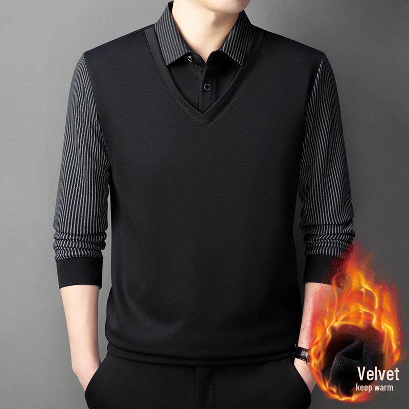 Winter Sale: Men's Fleece-Lined Two-in-One T-Shirt with Shirt Collar – Thick, Warm Base Layer
