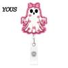 Clear Acrylic Retractable Badge Reel Halloween Ghost Reel, Glitter Holder Clip, Cute Pink ID Name for Women Nurse Teacher Medical Office Worker