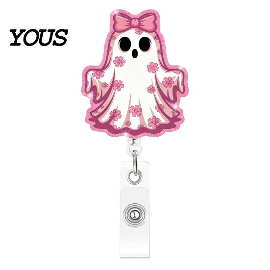 Clear Acrylic Retractable Badge Reel Halloween Ghost Reel, Glitter Holder Clip, Cute Pink ID Name for Women Nurse Teacher Medical Office Worker