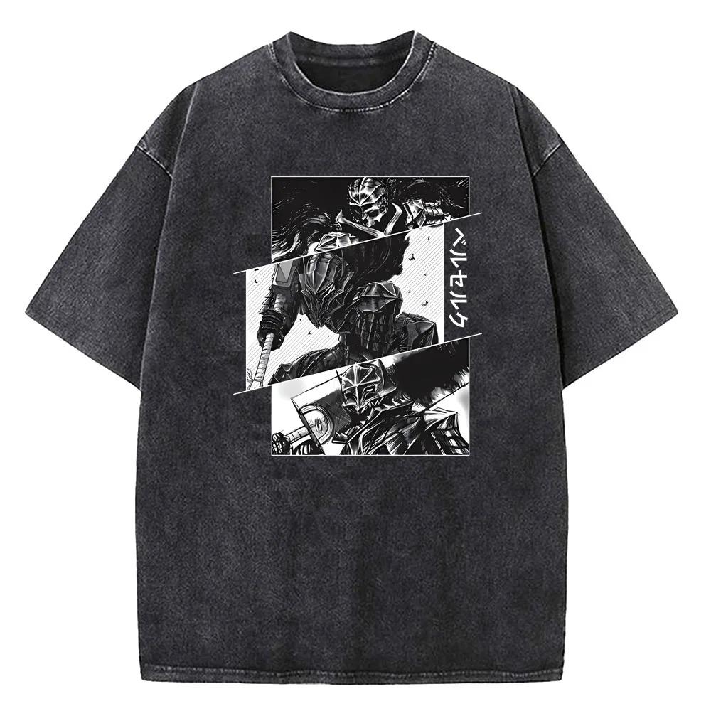 2026 Anime Berserk Guts Graphic Printed Tee Men Women Vintage Washed Casual Tshirts High Quality Cotton T Shirt Harajuku Male T-shirt